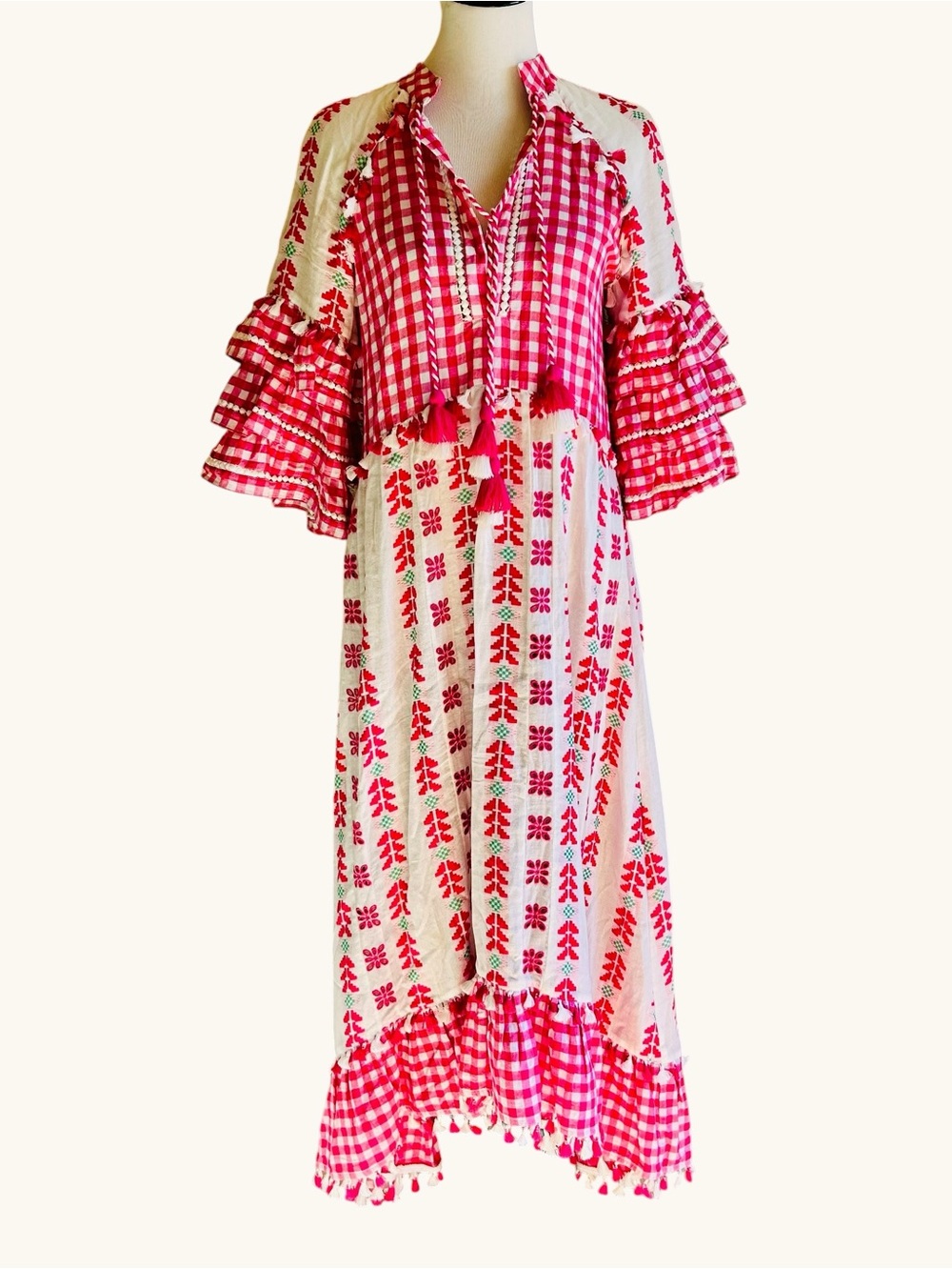 Dodo Bar Or Pink Gingham Embroidered Tassel Maxi Dress Boho Resort Size S